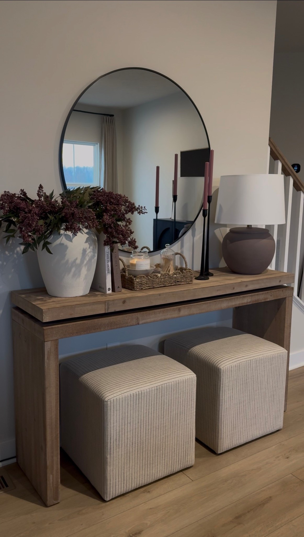 Arwah console table, berry stems, spring stems, summer stems, nardina stems, cream vase, striped ottomans, round mirror, scallop tray, coffee table books, candlesticks, candle bowl 

#LTKSeasonal #LTKmorningroutine #LTKSaleAlert