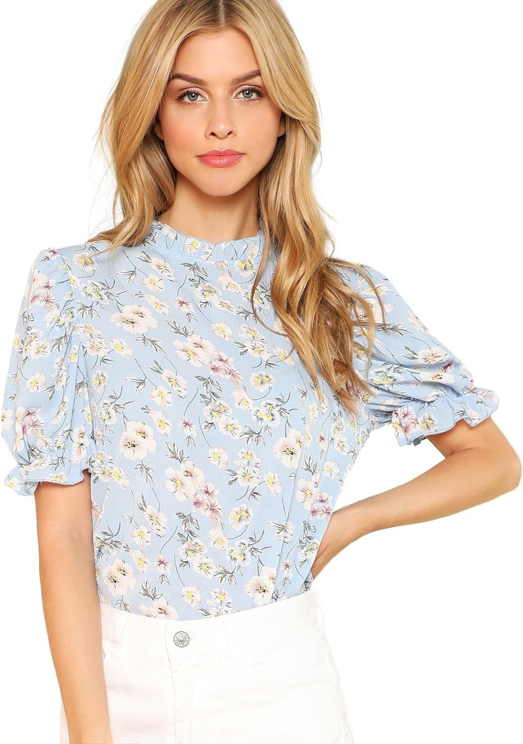 Romwe Women's Floral Print Ruffle Puff Short Sleeve Casual Blouse Tops | Amazon (US)