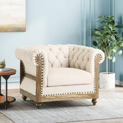 Voll Chesterfield Tufted Fabric Club Chair with Nailhead Trim Beige/Dark Brown - Christopher Knight Home | Target