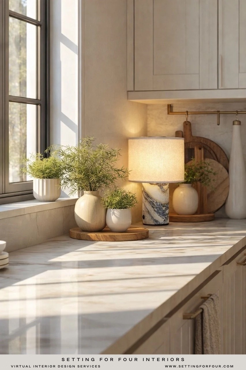 Soft light, warm neutrals, and natural textures 🤍 This is how a kitchen feels finished.
A chic lamp, stone, wood, and greenery doing the quiet work that makes a space feel calm, elevated, and lived-in. Kitchen decor ideas. Countertop table lamp, decorative cutting boards, vase, oil dispenser, lighting, organic modern, minimalist, transitional, minimalist, beige, black, brown, wood, marble,

#LTKHome #LTKSaleAlert #LTKmomlife