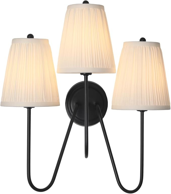 Electro bp; Elegant Triple Sconce Black Curved Metal Arm with Warm White Pleated Fabric Lamp Shad... | Amazon (US)