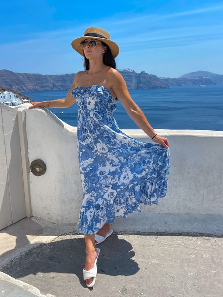 Greece moments! Love a blue and white maxi dress for a vacation outfit. This one is old from vici but i’ve linked similar from amazon and lulus! These white sandals from express were a life saver this summer. So comfortable to walk in! #LTKunder100 #LTKunder50

#LTKshoecrush #LTKSeasonal #LTKstyletip