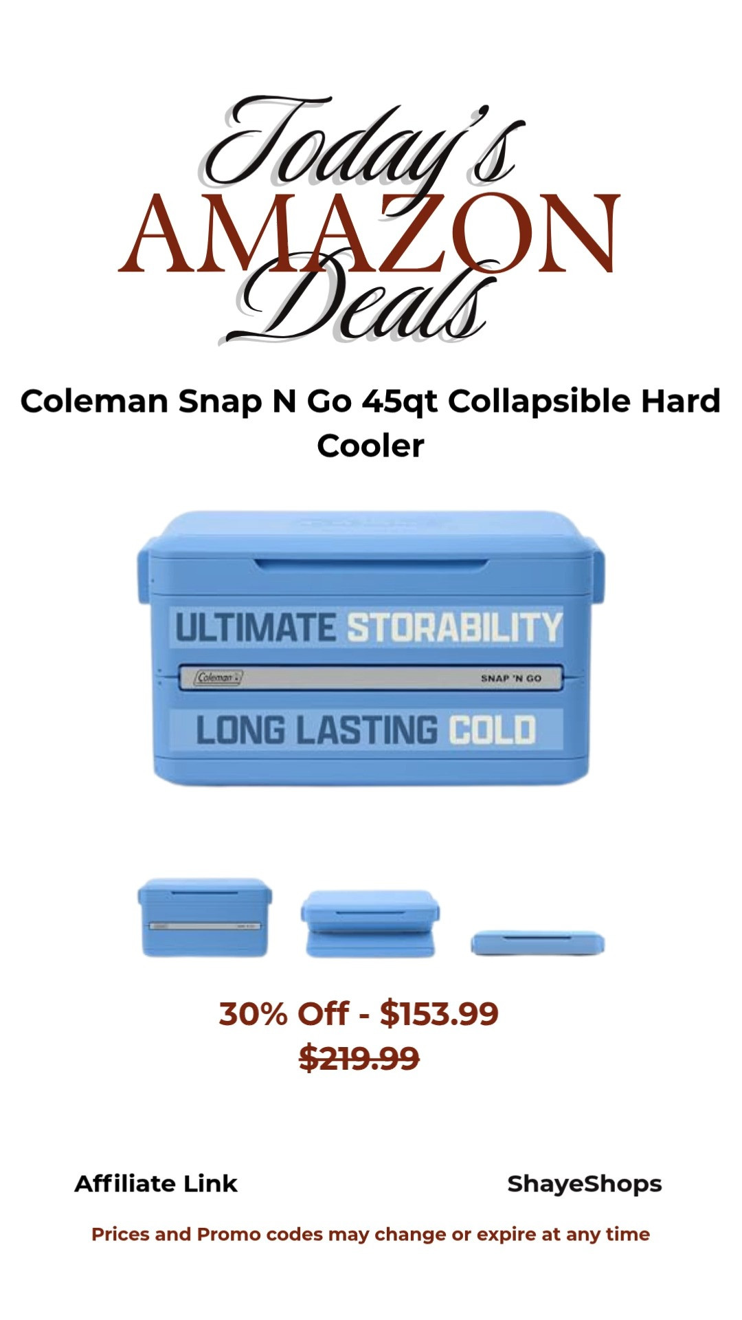 Coleman Snap N Go 45qt Collapsible Hard Cooler, Keeps ice Cold for up to 55 Hours, Holds up to 76 cans, Collapses up to 1/3 its Size, Can Hold up to 200 pounds, Blue, travel, beach, essentials, sale, deal, gifts, 

 #LTKSeasonal #LTKActive #LTKSaleAlert