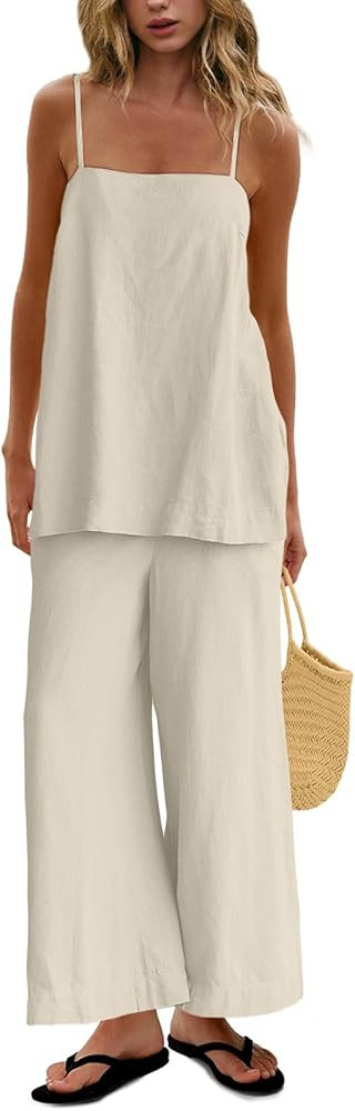 UNIANKIYA 2 Piece Sets for Women Summer Spaghetti Strap Tops and Linen Pants with Pockets Beach V... | Amazon (US)