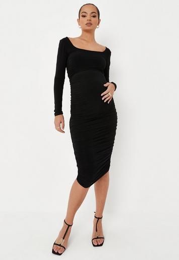 Missguided - Black Slinky Square Neck Ruched Back Maternity Midi Dress | Missguided (US & CA)