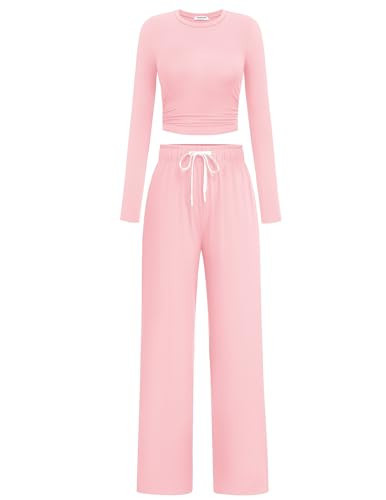 PINSPARK Fall Outfits for Women 2024 Crop Tops Elastic Waist Wide Leg Pants 2 Piece Matching Lounge Sets Comfy Vacation Tracksuit, Pink Small | Amazon (US)