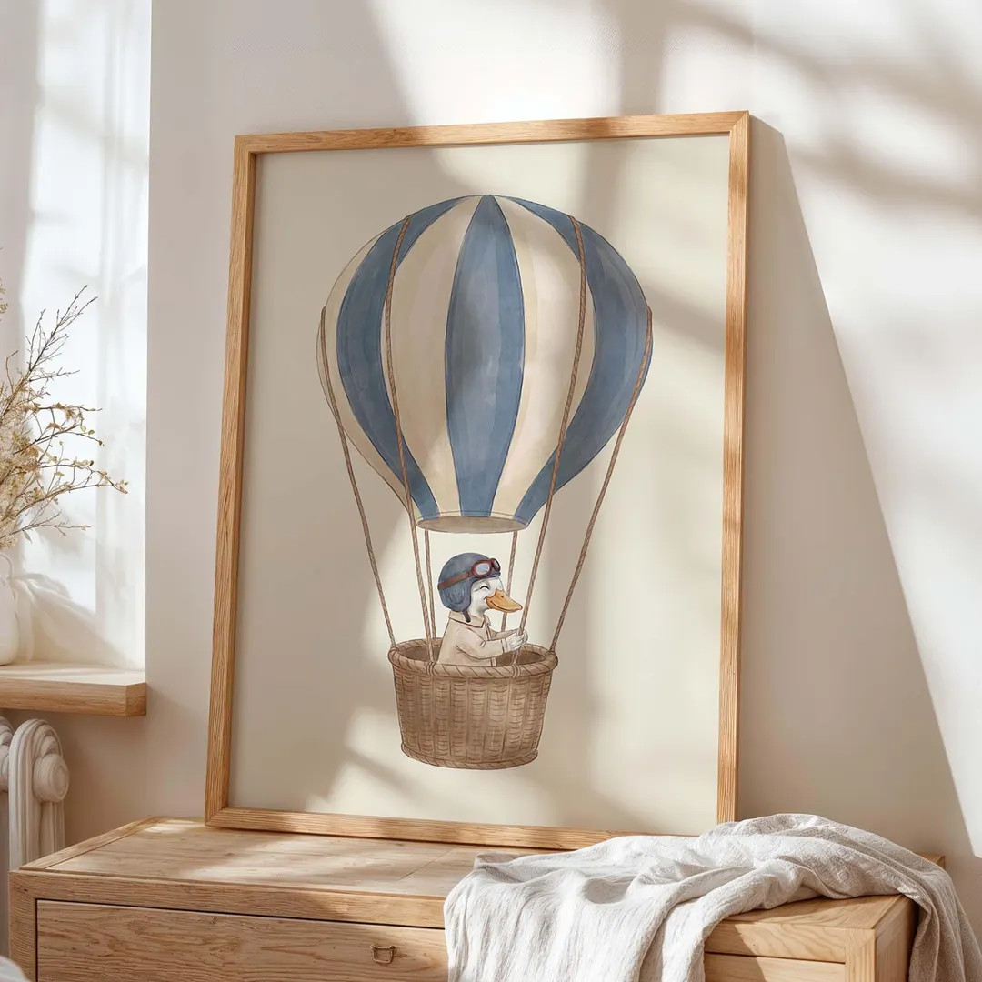 Hot Air Balloon Duck Nursery Wall Art Print, Cute Aviator Animal Kids Poster, Blue Balloon Baby R... | Etsy (US)