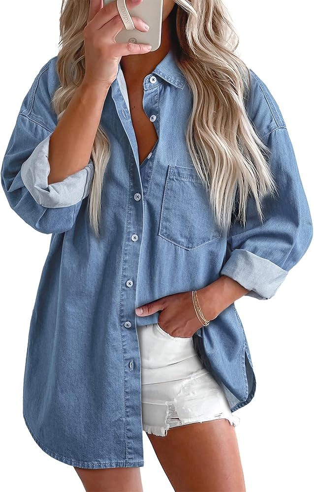 BTFBM Women's Button Down Denim Shirts Fall Lapel V Neck Chambray Oversized Casual Long Sleeve Bl... | Amazon (US)
