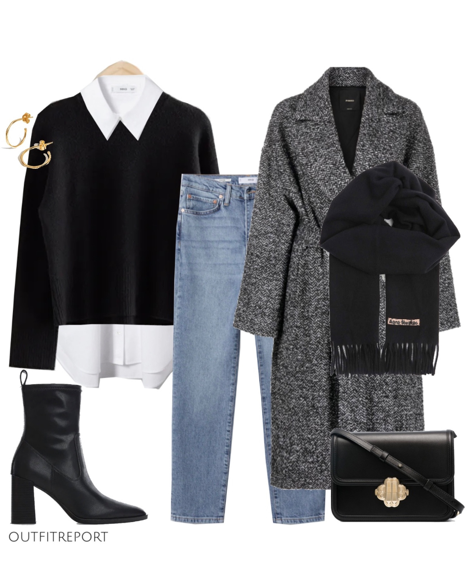 Work wear office outfit with classic blue denim jeans, herringbone wool belted coat jacket, black jumper knit sweater, white shirt, black ankle booties black handbag , acne studios scarf and gold earrings 

#LTKshoecrush #LTKSeasonal #LTKstyletip