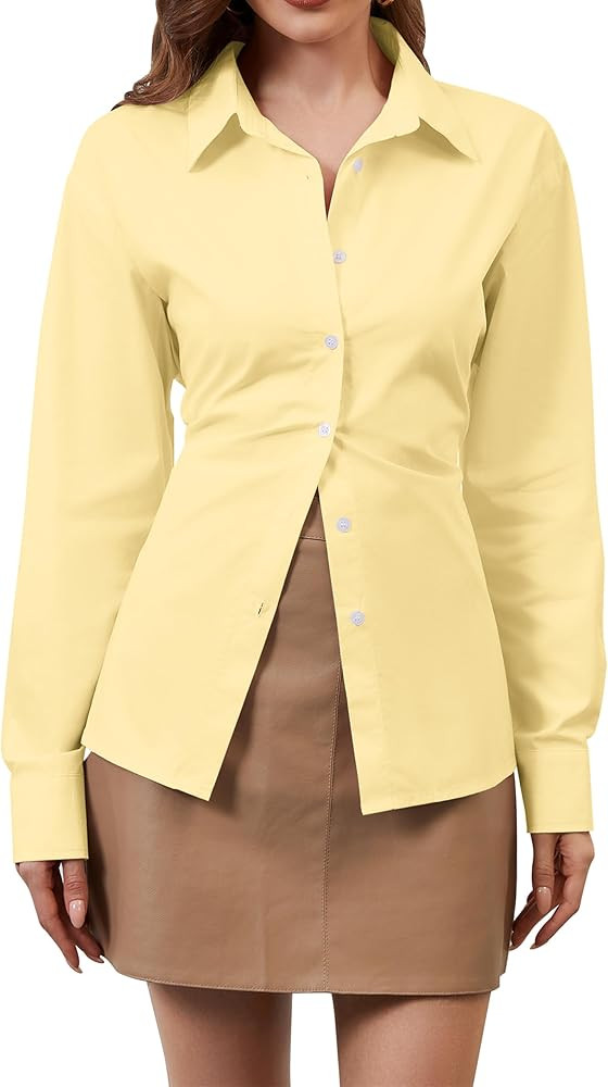 MISSACTIVER Women's Lapel Collar Button Down Shirt Cinch Waist Long Sleeve Casual Work Dressy Tun... | Amazon (US)