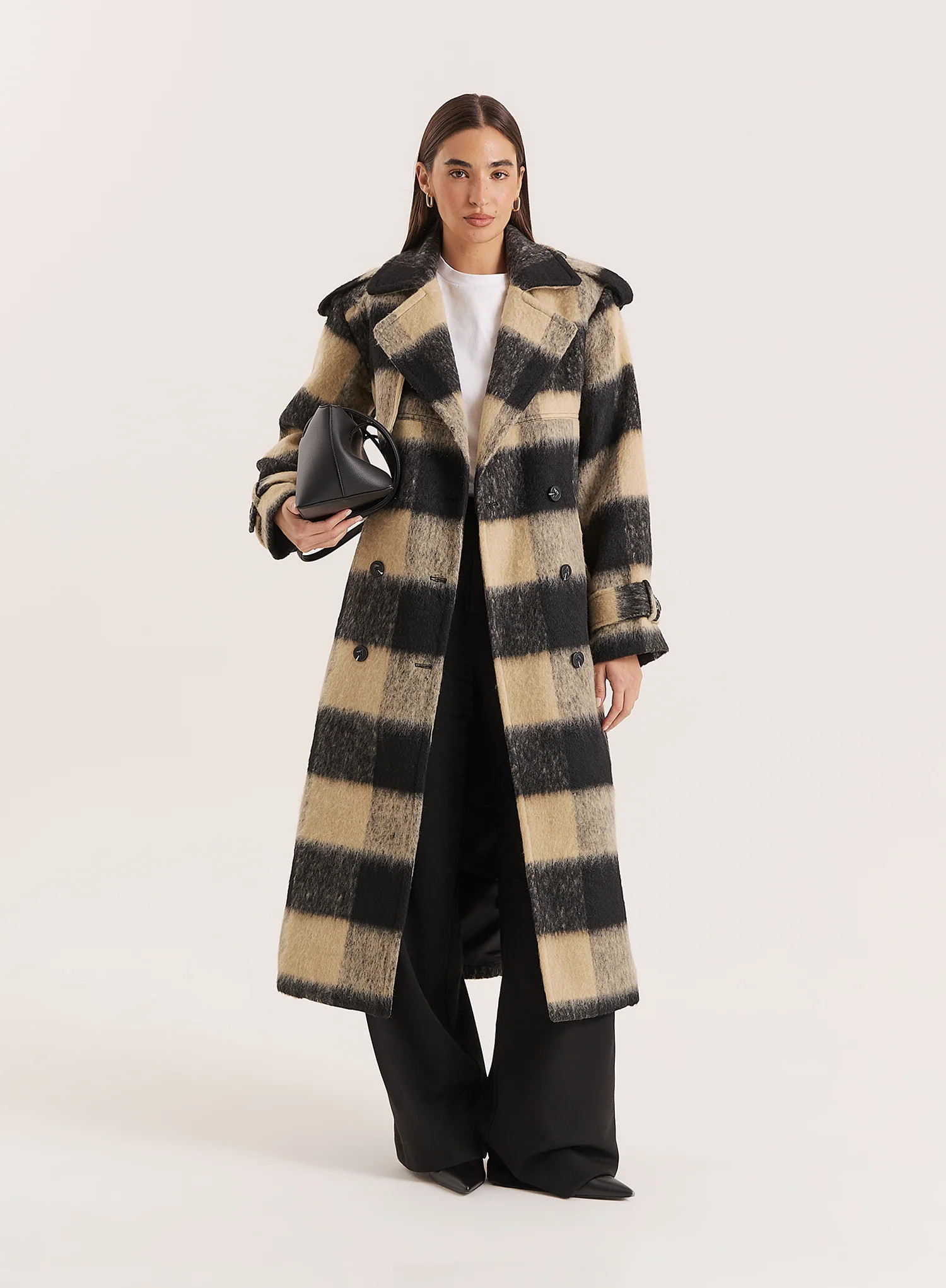 Black And Beige Wide-Checked Belted Trench Coat- Carey | 4th & Reckless