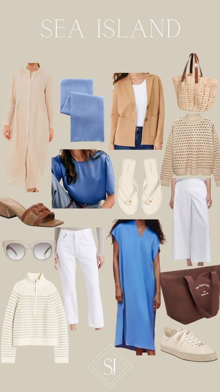 Sea Island Capsule 

Linen dress
Colorful shawl
Neutral sweater blazer 
Crochet bag
Light sweater
Cotton twill pants
Neutral flip flops 
Colorful satin blouse
Weaved heels
Neutral sunnies
White denim
Colorful dress
Neutral bag
Espadrille sneakers
Striped pullover 