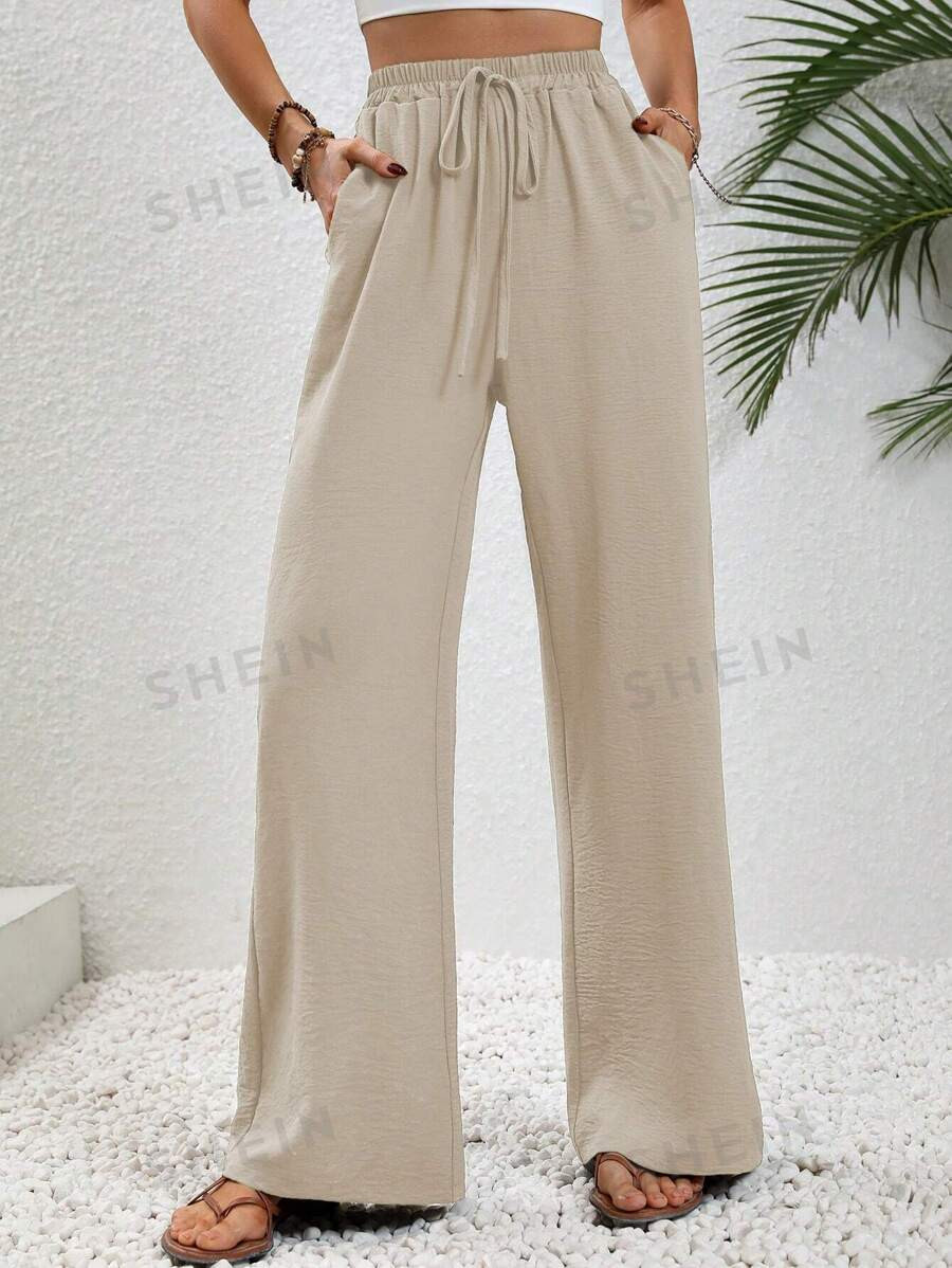 SHEIN LUNE Drawstring Waist Slant Pocket Wide Leg Pants | SHEIN