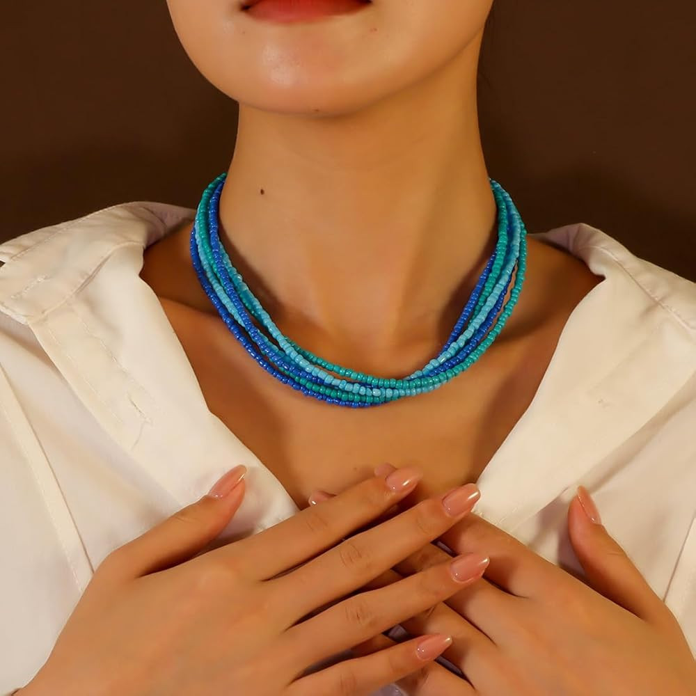 Colorful Multi-layered Seed Beaded Necklace Choker For Women Bohemian Handmade Crystal Stone Gems... | Amazon (US)