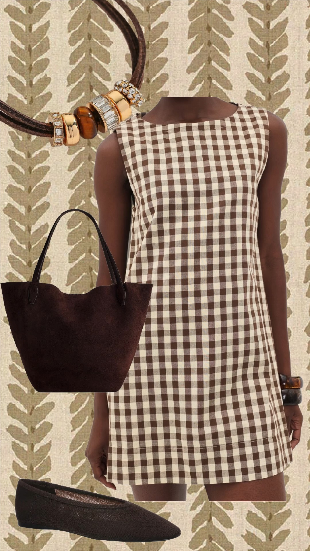 Gingham mini dress, suede bag, paracord necklace, flats