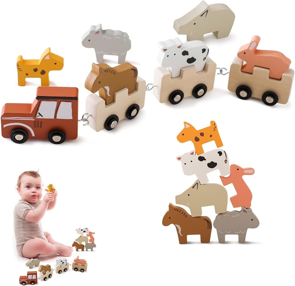 Wooden Train Set for Toddlers Animal Train Baby Gift Toys, Montessori Toys 10PCS for Baby Toddler... | Amazon (US)