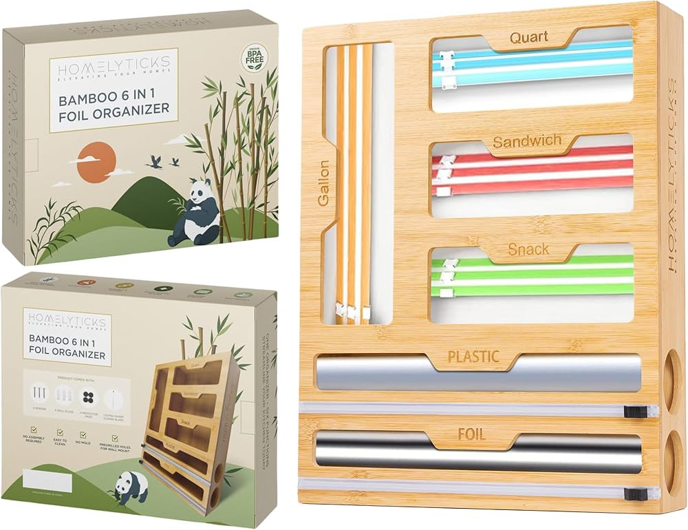 HOMELYTICKS Ziplock Bag Organizer & Wrap Dispenser with Cutter - Bamboo 6-in-1 Foil & Food Bag St... | Amazon (US)