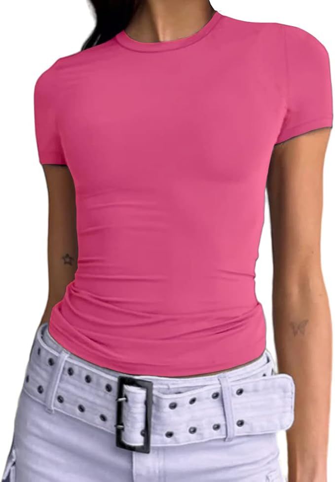 Women's Casual Basic Going Out Crop Tops Slim Fit Short Sleeve Crew Neck Tight T Shirts | Amazon (US)