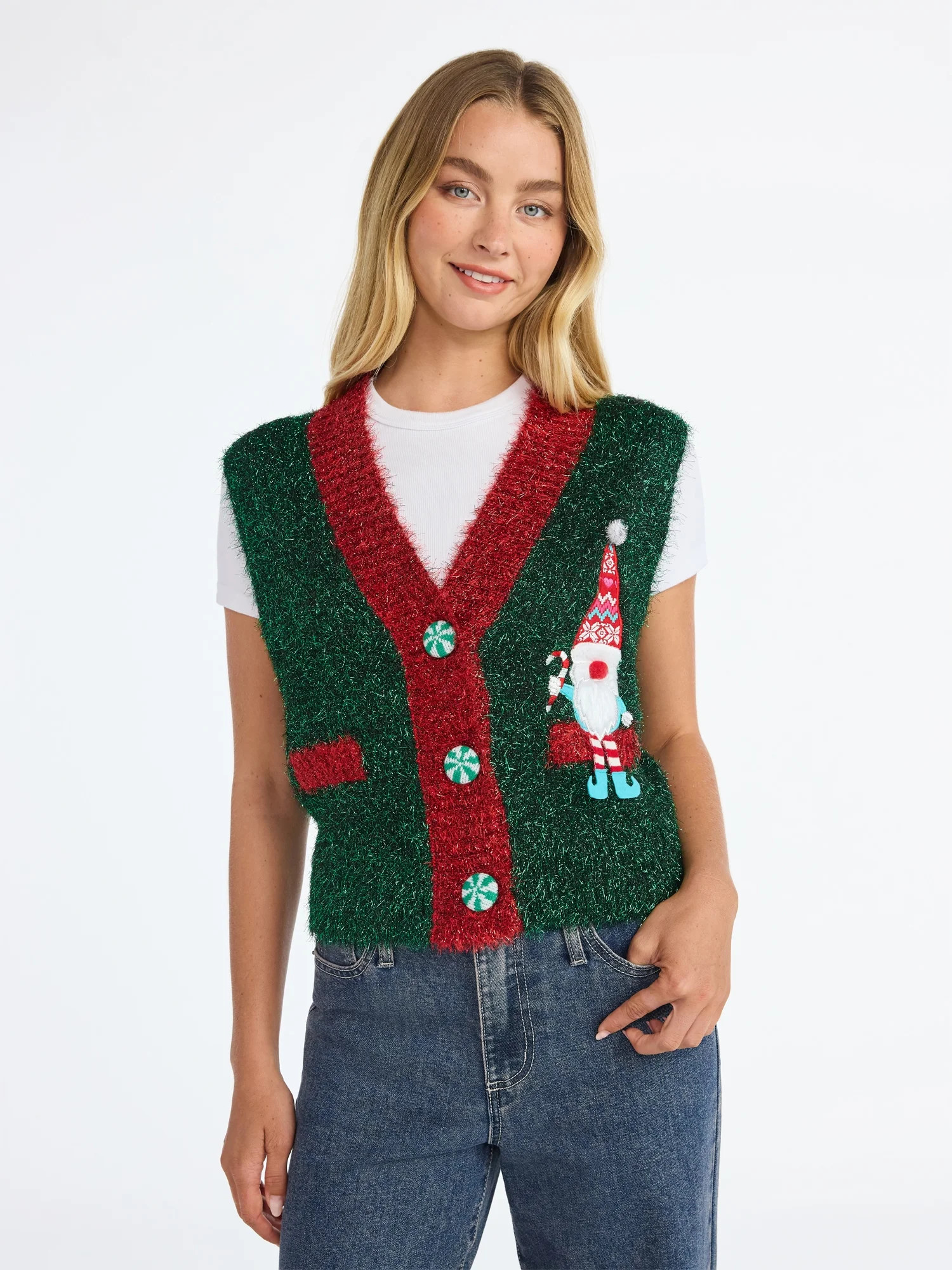 No Boundaries V-Neck Button Front Christmas Vest, Women’s | Walmart (US)