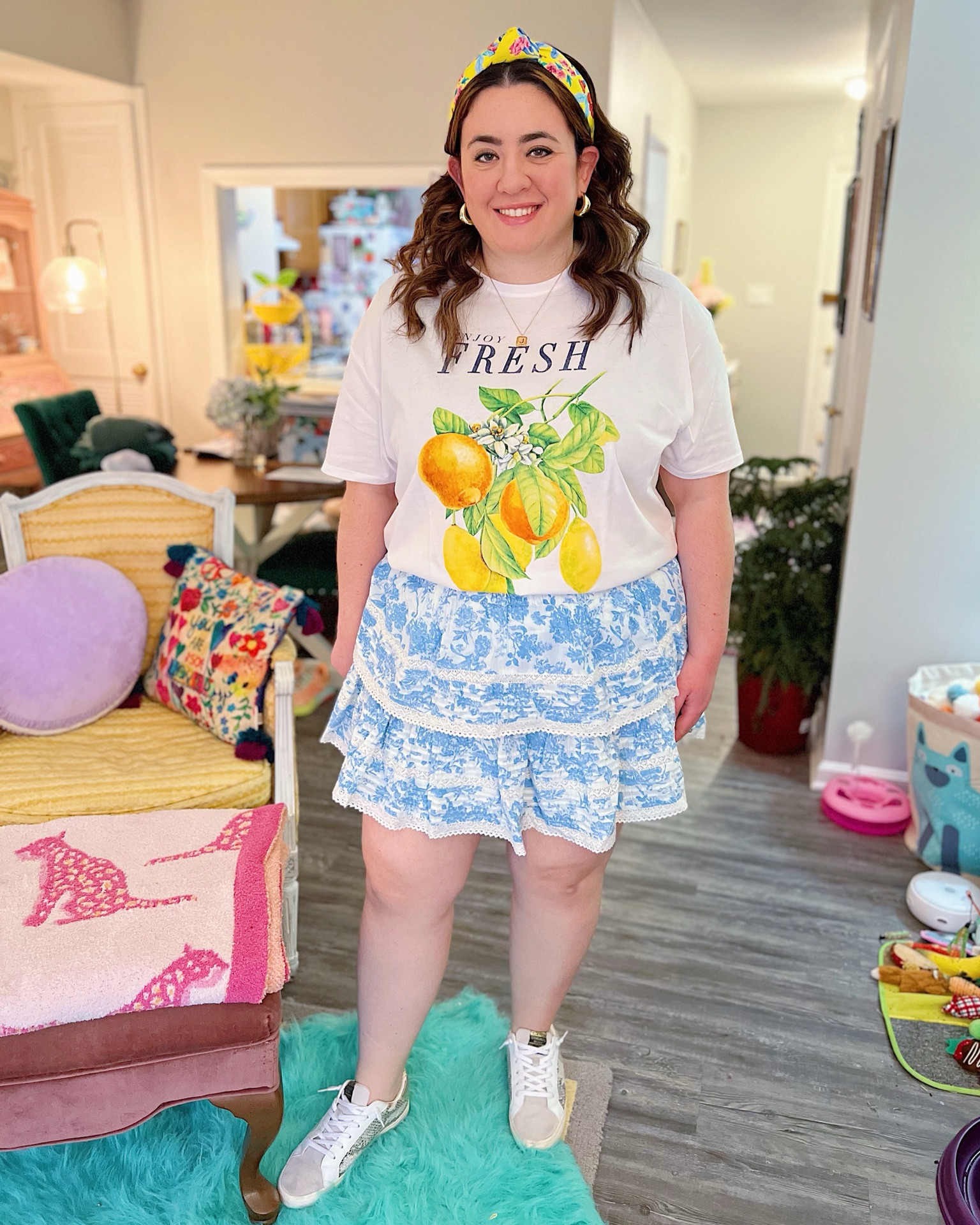 Casual spring outfit with ruffle mini skirt and super soft graphic tee 🍋 

Blue and white skirt, LoveShackFancy dupe skirt, Target graphic tee, Target find, Golden Goose dupe sneakers, everyday gold jewelry 

#LTKfindsunder50 #LTKSeasonal #LTKmidsize