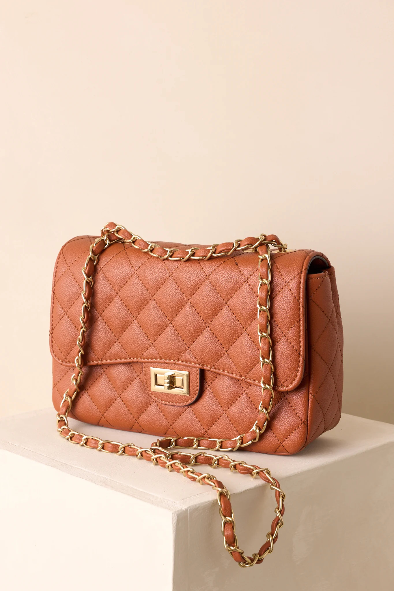 Only Gets Better Ginger Brown Quilted Faux Leather Handbag | Red Dress