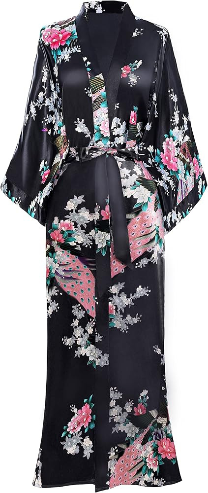 BABEYOND Women's Kimono Robe Long Satin Robes with Peacock and Blossoms Printed Kimono Nightgown | Amazon (US)