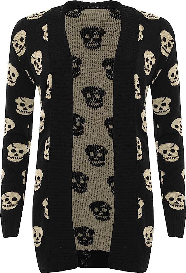 GirlzWalk Women's Ladies Knitted Skull Pattern Print Long Sleeve Open Cardigan | Amazon (US)