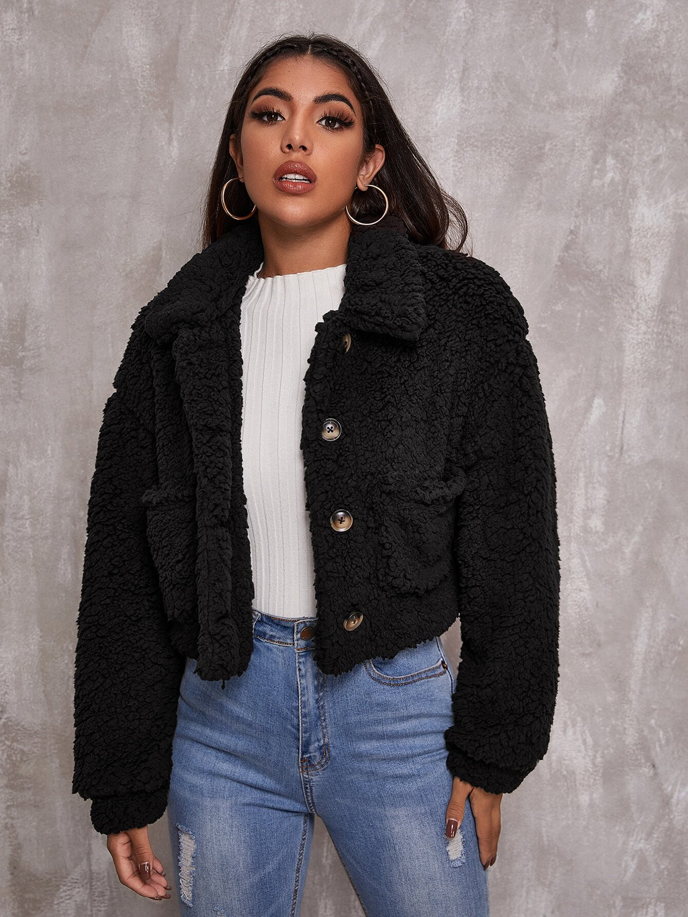 SHEIN Collared Buttoned Front Pocket Patched Teddy Jacket | SHEIN