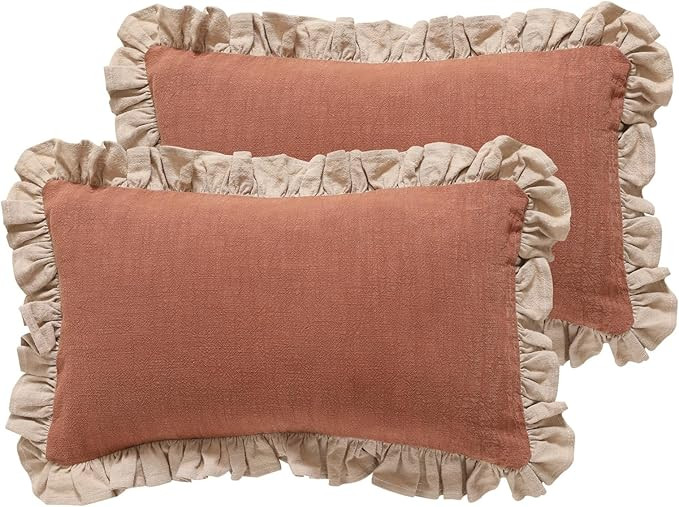 Orange Decorative Throw Pillow Covers 12x20 Set of 2, Farmhouse Linen Pillow Covers with Ruffles,... | Amazon (US)
