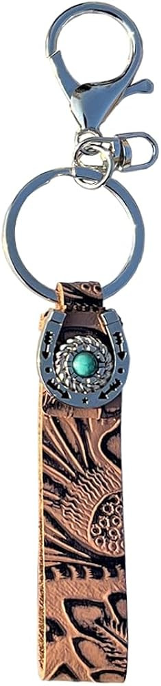 Vintage Embossed Cowhide Keychain Western Turquoise Pumpkin Flower Pendant Textured Car Keyring J... | Amazon (US)