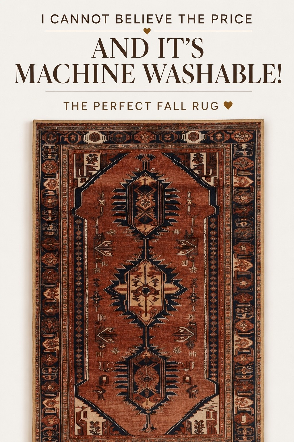 The Perfect Fall Rug — Machine Washable!

I cannot believe the price on this rug! The rich rust and brown tones are SO good for fall, and the best part—it’s machine washable. It has that vintage Persian look without the vintage price tag and would be beautiful in a living room, entryway, bedroom or dining room. Such a good affordable fall home find!

#LTKHome #LTKSaleAlert