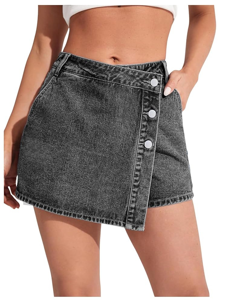WDIRARA Women's High Waisted Button Front Denim Skort Asymmetrical Hem Skirt Shorts | Amazon (US)