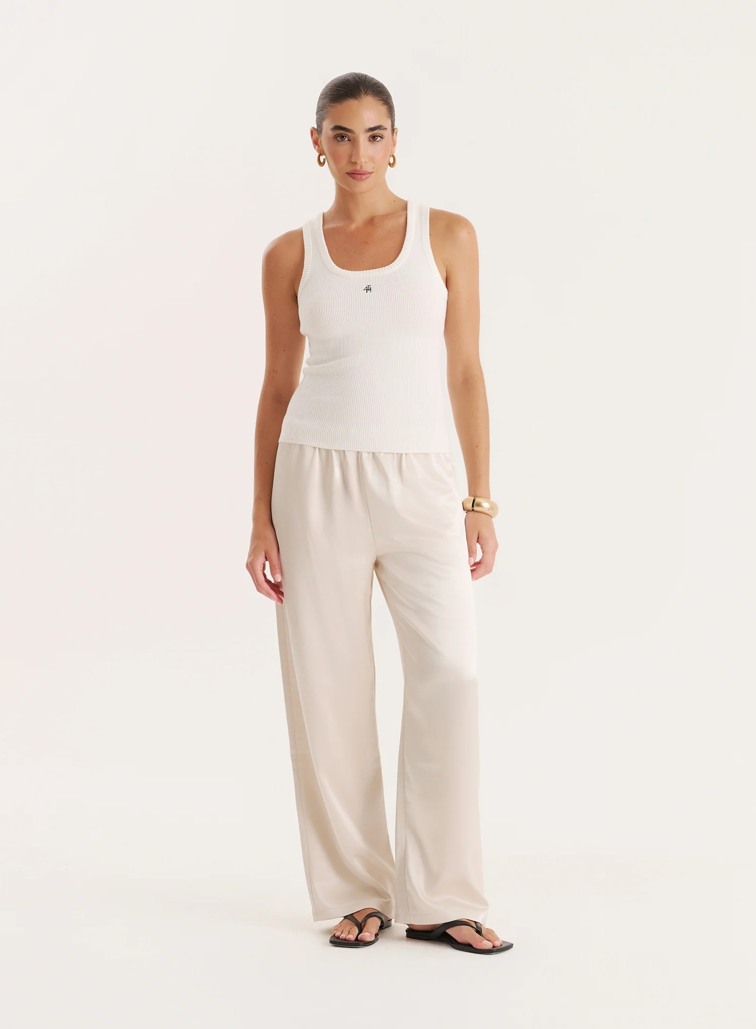 Cream Satin Elasticated Waist Wide Leg Trouser- Shelby | 4th & Reckless