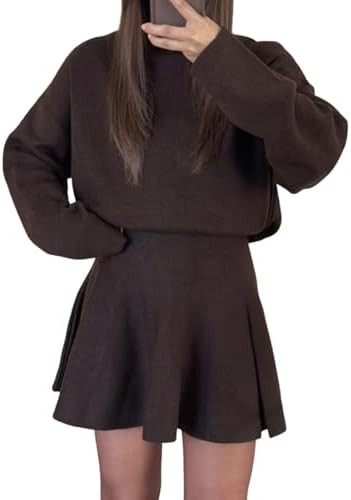 Women Elegant Loose Fit Mock Neck Long Sleeve Flared Hem Knit Mini Sweater Dress Fall Pullover Sw... | Amazon (US)