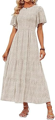 ZESICA Women's 2024 Summer Casual Floral Print Short Flutter Sleeve Crew Neck Smocked High Waist ... | Amazon (US)