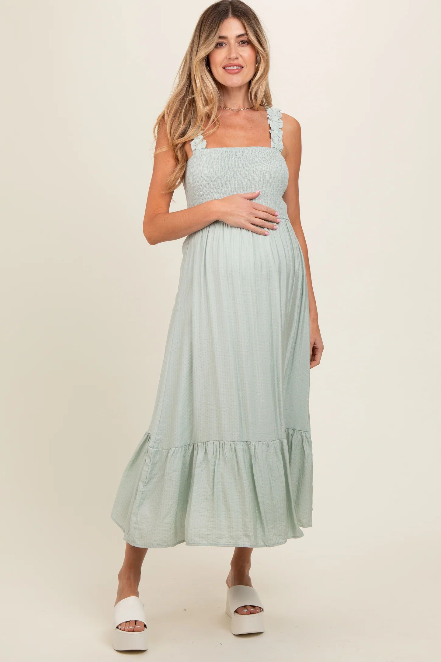 Mint Smocked Bodice Maternity Maxi Dress | PinkBlush Maternity