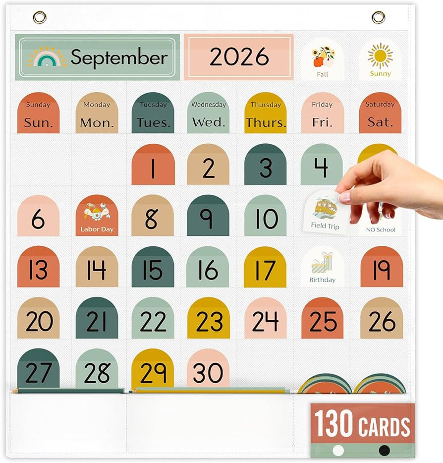 Classroom Monthly Calendar Pocket Chart for Kids Learning, 105 Cards Wall Boho Calendar and Weath... | Amazon (US)