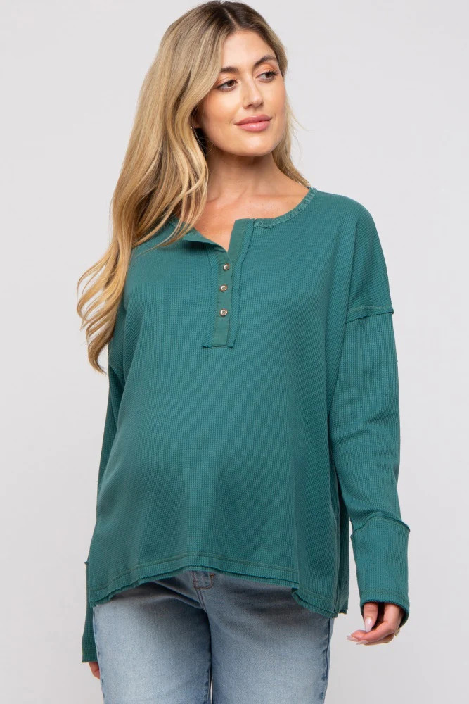 Emerald Green Waffle Knit Maternity Henley Top | PinkBlush Maternity