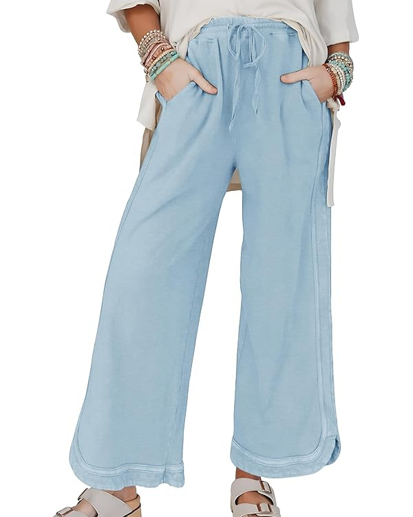Kissonic Wide Leg Sweatpants Women Casual Baggy Acid Washed Pants Athletic Drawstring High Waist ... | Amazon (US)