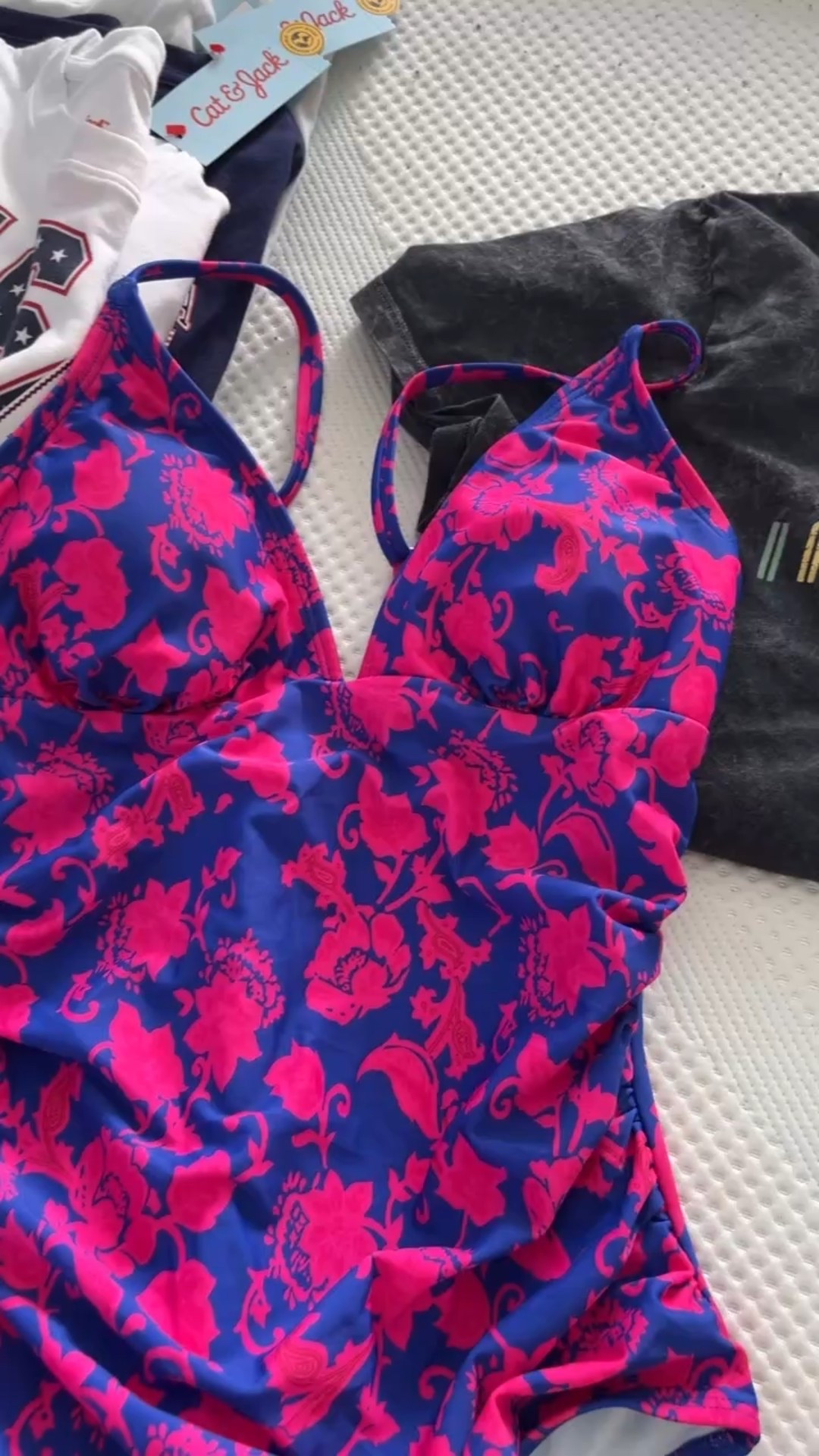 Flattering one piece swimsuit for midsize women. Swimsuits for moms. 4th of July swimsuit. Pink and blue swimsuit. 



#LTKMidsize