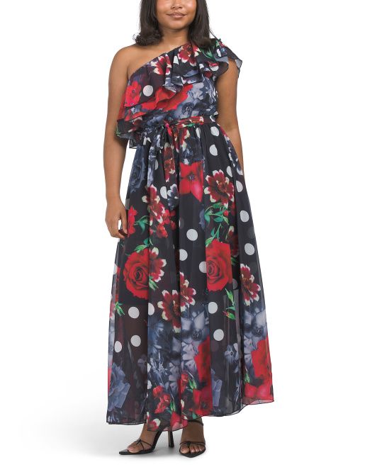 One Shoulder Floral Polka Dot Maxi Dress | TJ Maxx