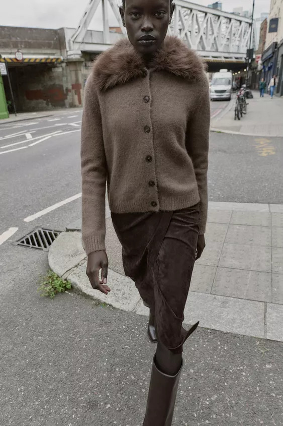 CARDIGAN WITH FAUX FUR LAPEL | Zara US