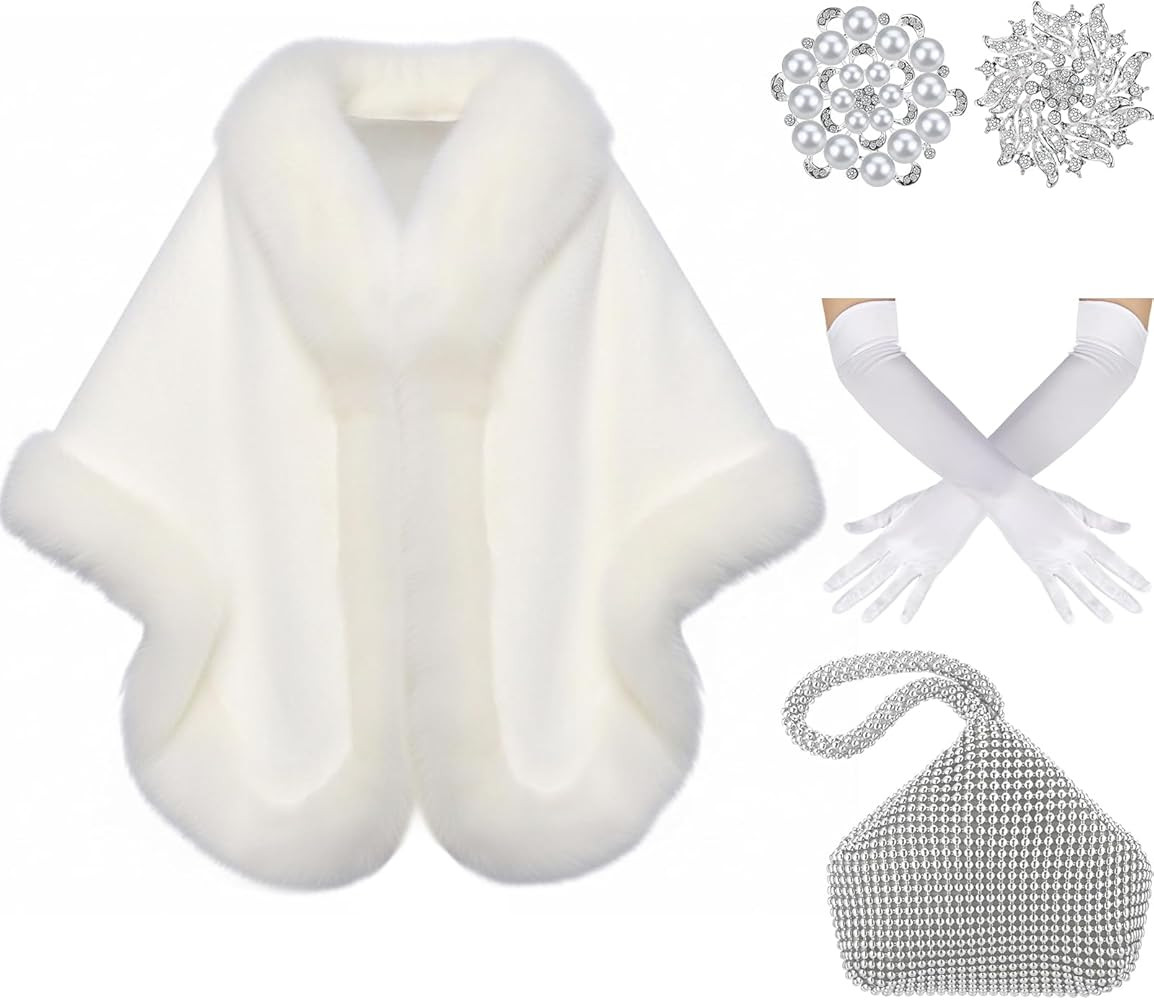 5 Pcs Faux Fur Shawl Wrap Stole Shrug Set Wedding Scarf Clutch Long Gloves Pearl Rhinestone Brooc... | Amazon (US)