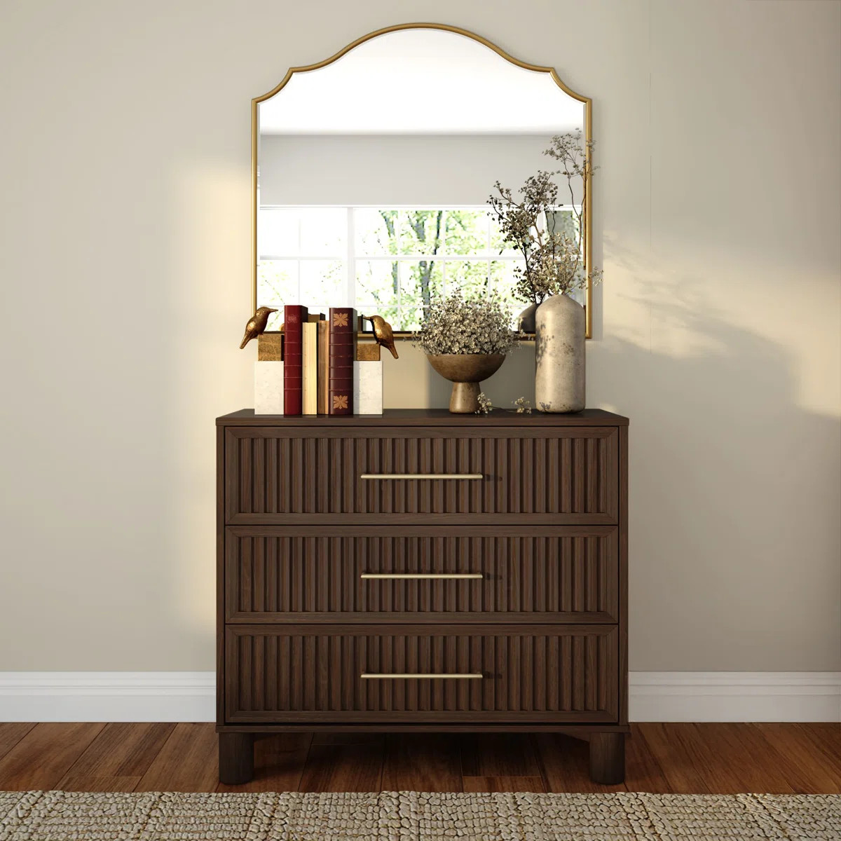 Sera Fluted 3-Drawer Dresser with Brass Handles | Wayfair North America