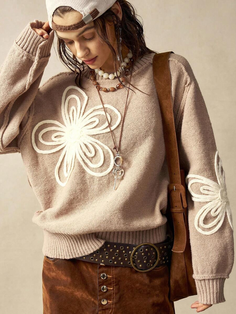 Bohemela BOHO Women's Casual Beige Knit Sweater,Floral Patchwork Round Neck Drop Shoulder Long Sleeve Loose Fit,Autumn Western Country Style Picnic Vacation | SHEIN