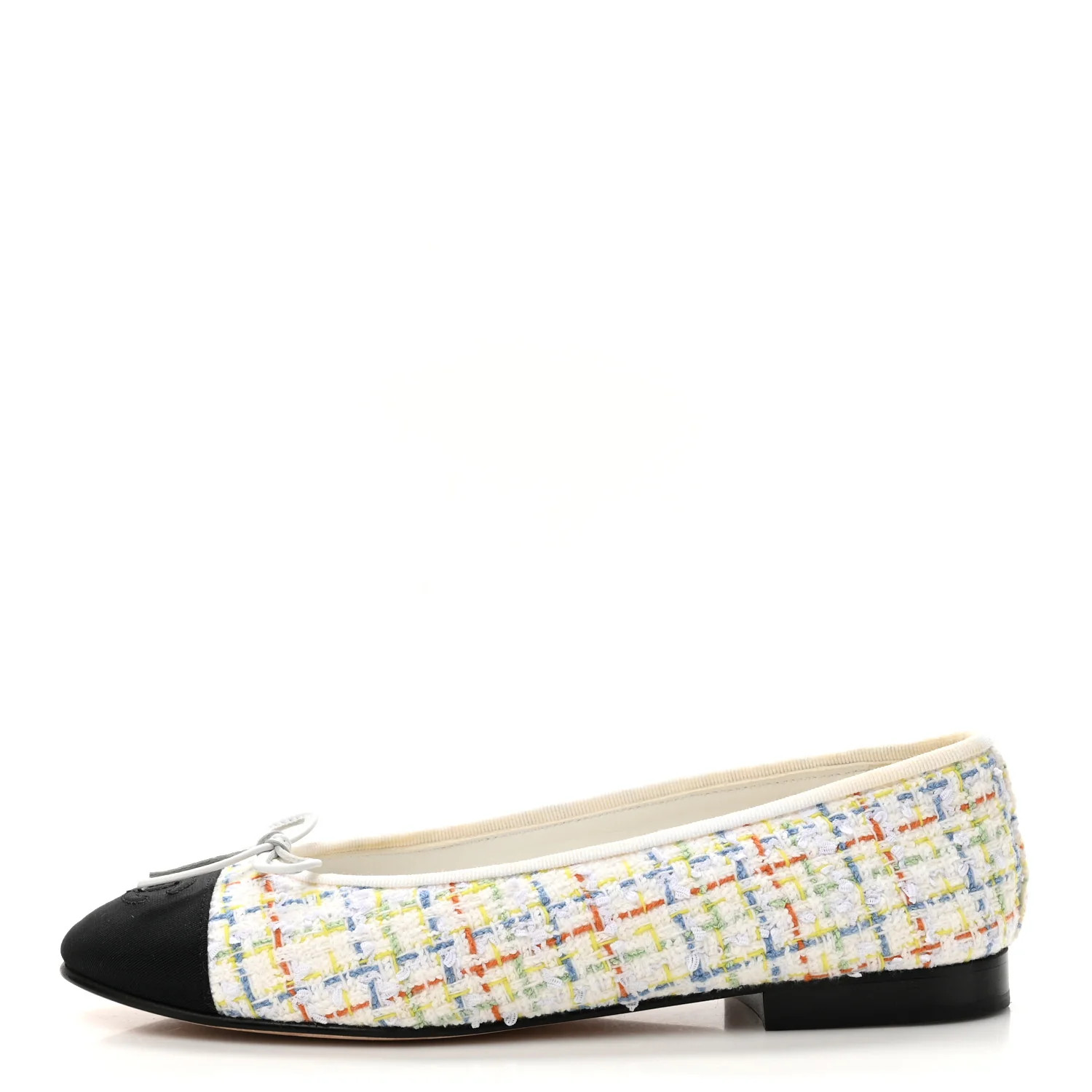 Tweed Grosgrain Cap Toe Ballerina Flats 37.5 White Multicolor | FASHIONPHILE (US)