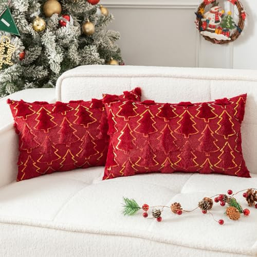 UGASA Christmas Tree Decorative Pillow Covers 12x20 Inch Set of 2 Soft Plush Faux Fur Luxury Sparkling Sequin Pattern Lumbars Pillowcases for Couch Sofa Holiday Festivals Home Decor, Burgundy | Amazon (US)