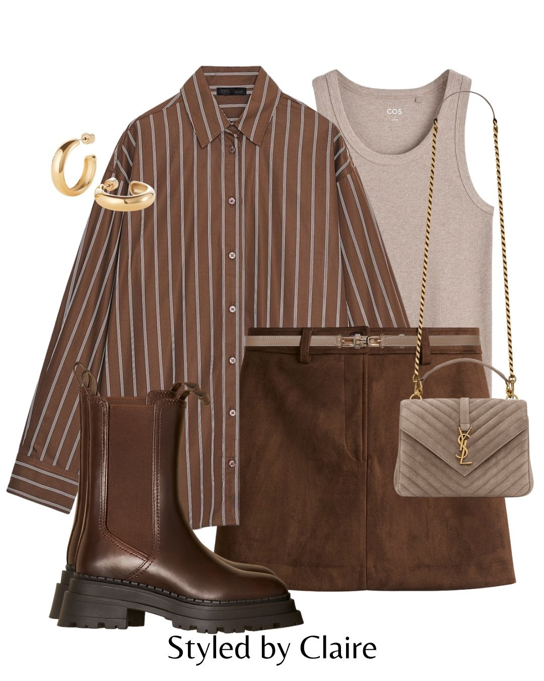 BROWN & TAUPE🙋🏽‍♀️
Tags: Zara oversized stripe shirt suede effect faux mini skirt narrow belt buckle ankle boots leather ysl bag cos ribbed tank top neutral beige fashion autumn transitional inspo outfit ideas city break chic women’s style capsule wardrobe basics 

#LTKstyletip #LTKshoes #LTKbag