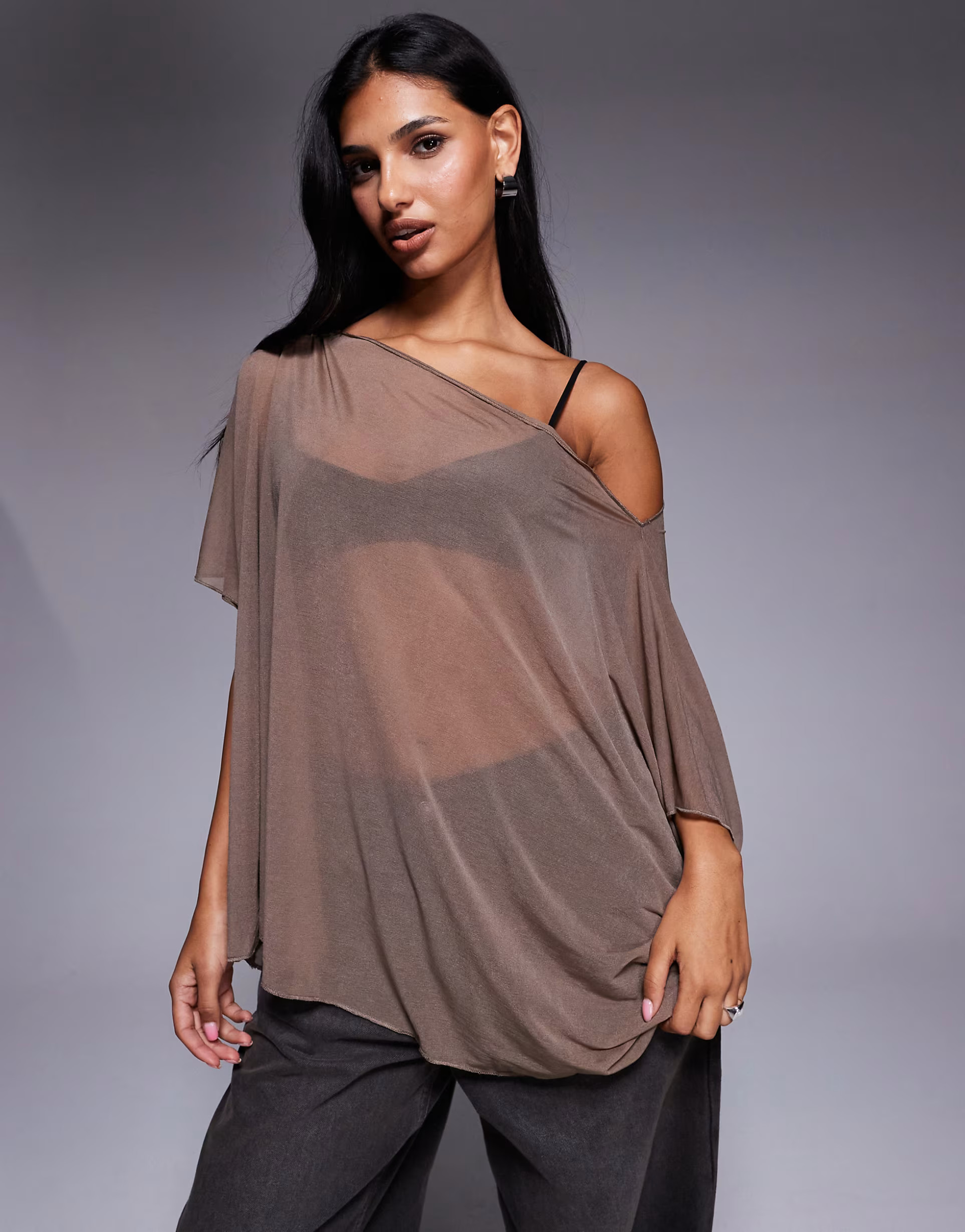 ASOS DESIGN mesh sheer slouchy longline off the shoulder cape top in mocha | ASOS | ASOS (Global)