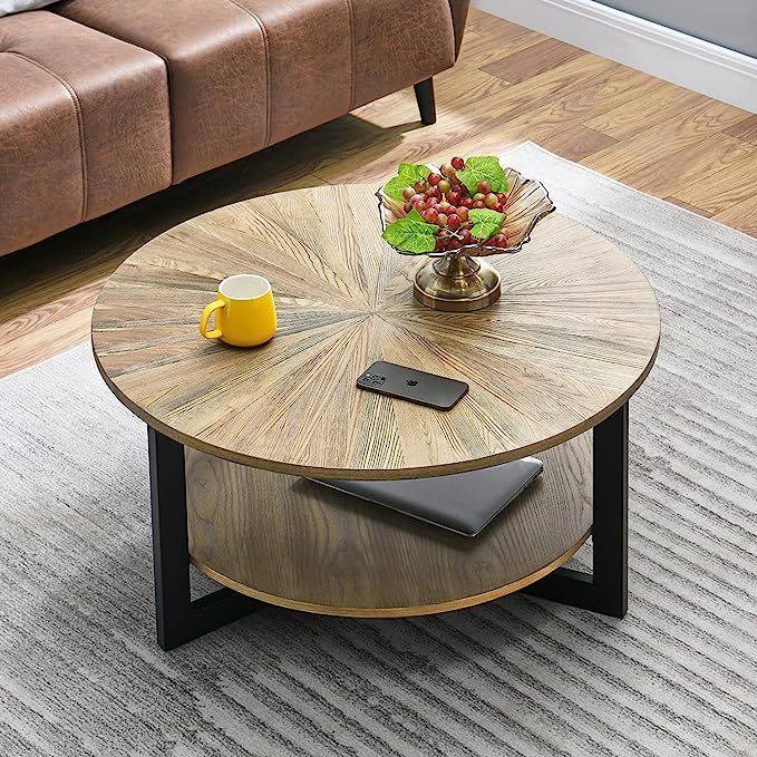 35.3" Round Coffee Table with 2-Tier Storage, Farmhouse Living Room Cocktail Table with Black Met... | Amazon (US)